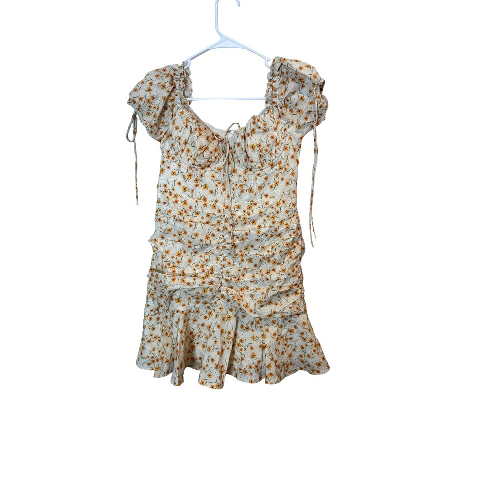 KISS‎ THE SKY Dress Womens Medium White Floral Puff Sleeve Ruched Ruffle Mini